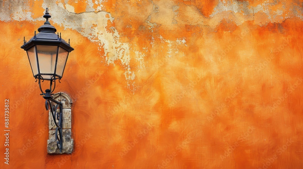 Wall mural Ancient street lamp on aged orange wall with space for text