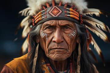 Fototapeta premium Image of an American Indian. History of America. History book. Historical reconstitution. Indian Chief.