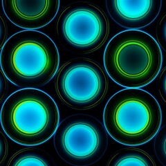 A pattern of blue and green neon circles on a black background