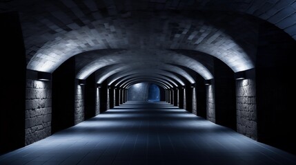 Obraz premium Dimly Lit Arched Stone Tunnel with Symmetrical Pathway and Ambient Lighting
