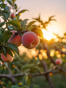 Peachs on tree, peach garden , peach fruit closeup