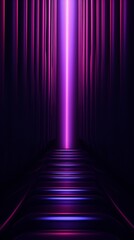 A glowing purple beam of light illuminates a stairway leading to the unknown in a dark hallway lined with vertical bars