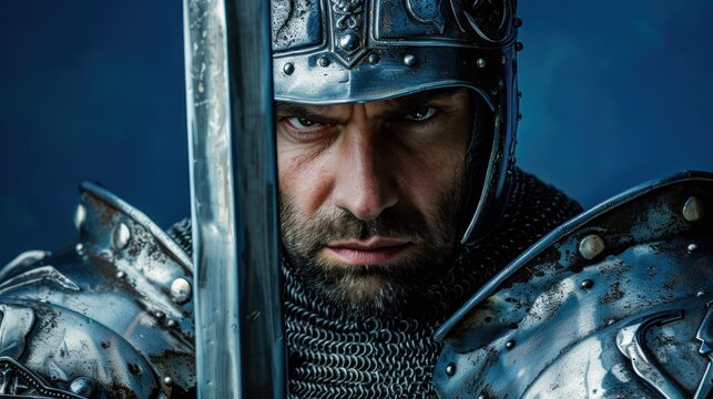 Close-up of a man dressed as a knight, holding a sword and looking heroic, wearing a metal armor and helmet, standing in front of a blue background, Portrait close-up, hyper-realistic, high detail,