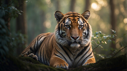 Fototapeta premium Environmental Harmony Depict the tiger in a setting where it coexists peacefully with the surrounding forest