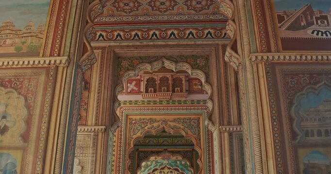 Jaipur, Rajasthan, India. Patrika Gate at Jawahar Circle. Interior inside, many Colorful ornament patterns on old walls. old Pink city. Slow motion