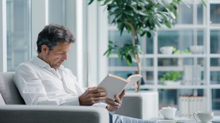 Fototapeta premium Successful Executive Embracing Innovation: Business Strategies Book in Luxurious Office Setting