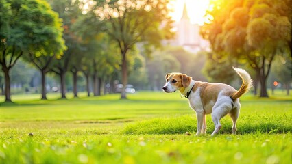 Dog peeing on green grass meadow in park outdoors, dog, pet, pee, grass, meadow, park, outdoor, nature, animal, urine