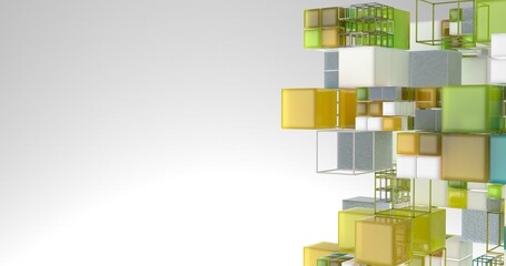 A wall of cubes in various colors and sizes over a bright background with copy space.