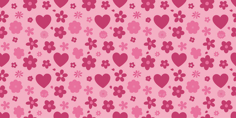 かわいい花とハートの文様（Cute flower and heart pattern. Seamless pattern. Vector.）
