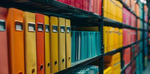 Fototapeta premium An organized display of colorful folders in a modern archive, showcasing meticulous arrangement and efficiency in document storage.