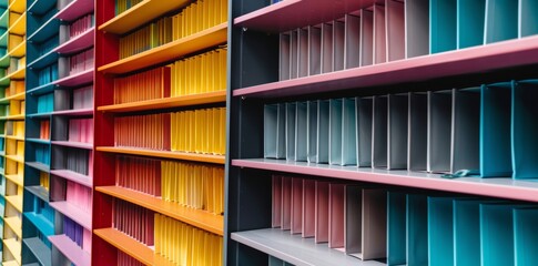 An organized display of colorful folders in a modern archive, showcasing meticulous arrangement and efficiency in document storage.