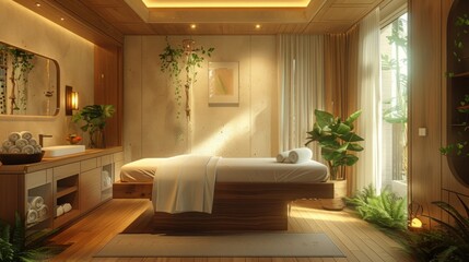 A serene spa beauty salon room dedicated to holistic treatments. The space features comfortable...