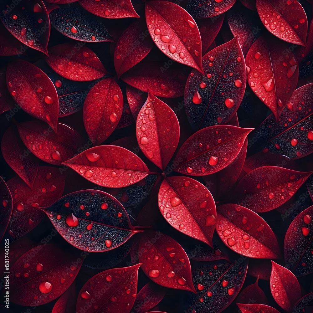 Poster a close-up view of multiple red leaves with water droplets arranged on a dark background generated b