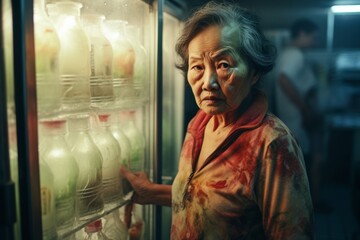 An elderly Asian woman, 69, standing by an open refrigerator, finding relief from the abnormal heat