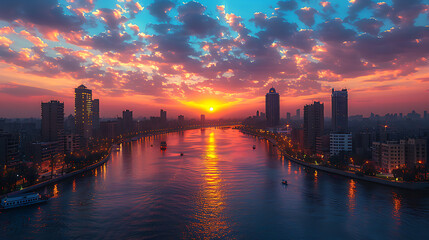 River surrounded by city at sunset. Generative AI illustration 