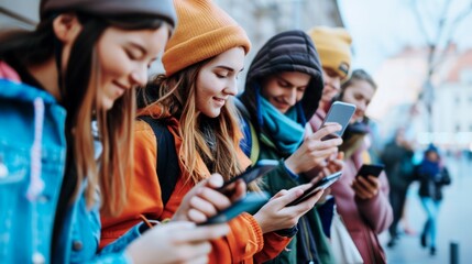 Obraz premium group of smiling young people using smartphones outdoors in city sstreen on a cold day