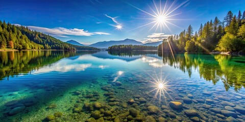 Fototapeta premium Crystal clear water reflecting the sunlight in a calm lake, water, reflection, sunlight, lake, clear, calm, nature, purity