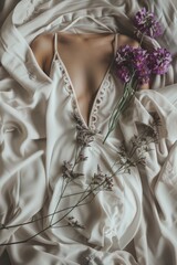 A woman's body is covered in white fabric and surrounded by purple flowers