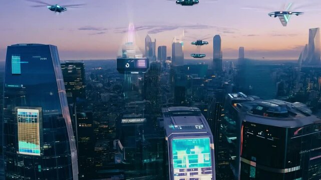 A futuristic cityscape at dusk with flying cars and illuminated skyscrapers, highlighting advanced technology and urban development