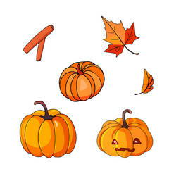 Happy Thanksgiving. October Halloween food. Pumpkin, pie, cupcake, chicken. Orange vector.  Icon, print, blank for the designer