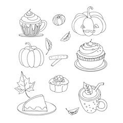 Happy Thanksgiving. October Halloween food. Pumpkin, pie, cupcake, chicken. Orange vector.  Icon, print, blank for the designer