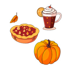 Thanksgiving dessert set. October Halloween food. Pumpkin Orange Logo, icon, print, blank for the designer