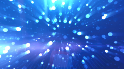 Abstract blue glowing background with flying balls and circles of blurred festive bokeh particles