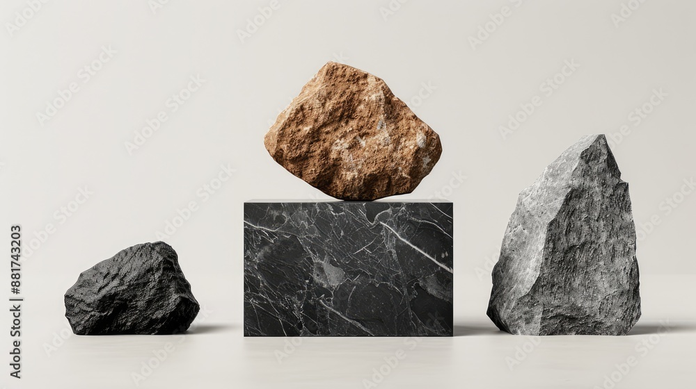 Poster modern stone podium with abstract patterns for product display in 4k resolution, generative ai