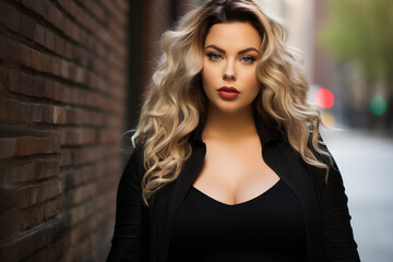 Stylish portrait of a confident woman with wavy blonde hair in an urban setting, exuding elegance and modern fashion.