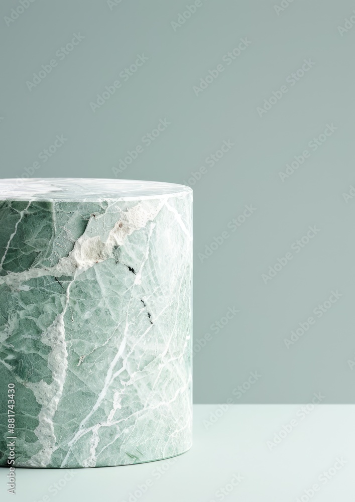 Poster serene product display on textured stone podium with soft focus background in 4k resolution, generat