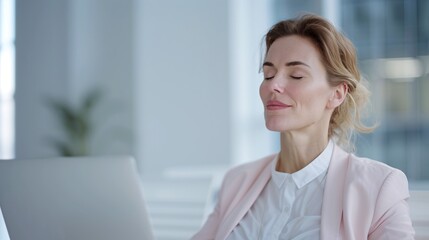 Side profile of a woman practicing deep breathing exercises with eyes closed, promoting relaxation at her office desk, peaceful office environment.