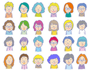 たくさんのカラフルなかわいい女性のイラスト