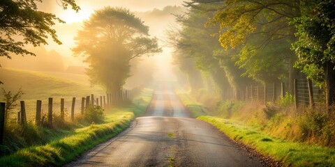 Obraz premium Solitary rural lane disappearing into misty atmosphere with soft bokeh backdrop , rural, lane, misty, atmosphere, soft