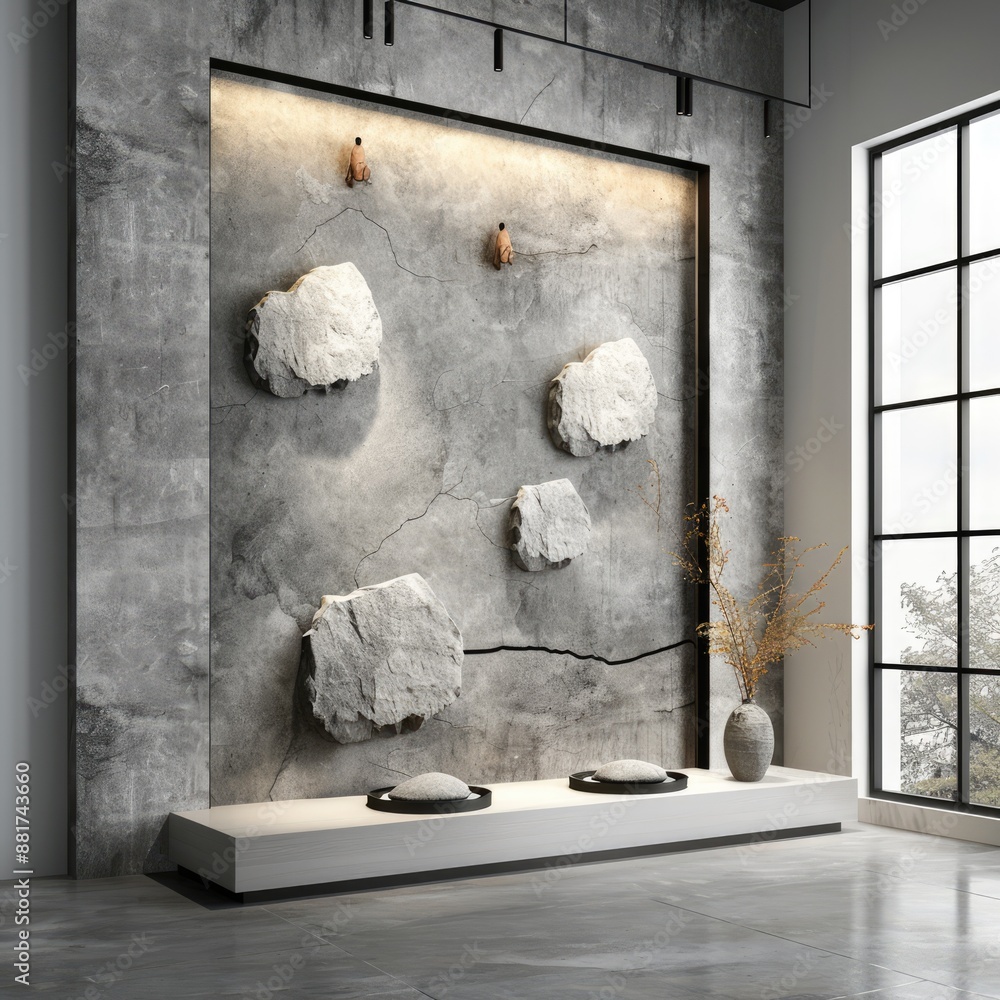 Poster illuminated layered stone product display - creative 3d rendered showcase with artistic lighting, ge