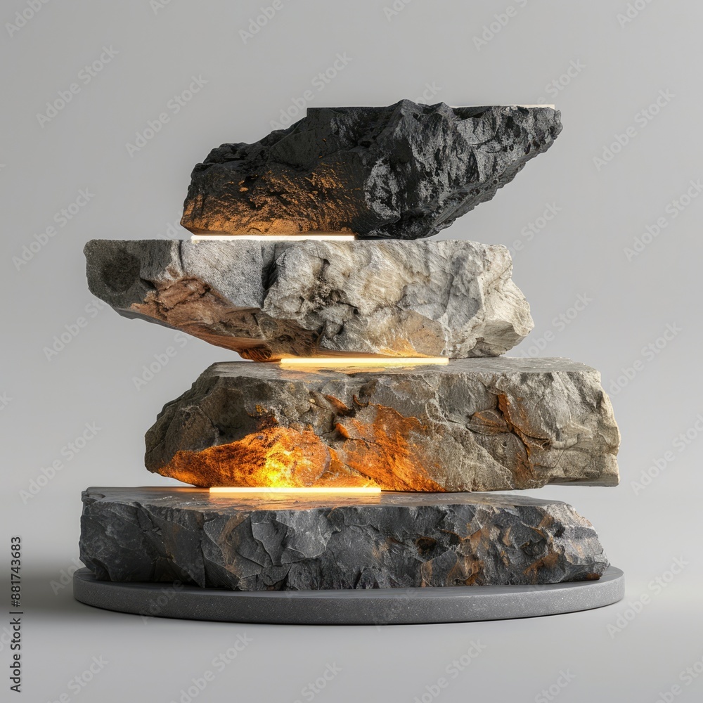 Poster illuminated layered stone display - creative product showcase in 3d rendering, generative ai