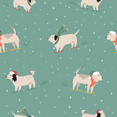 Cotton fabric Festive Christmas seamless pattern with hand-drawn adorable dogs