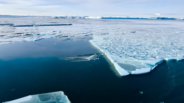 Vast Arctic ice sheet dominates. Cracks appear, widening rapidly. Ice fragments, breaking into smaller pieces. Meltwater pools form, expanding quickly. 