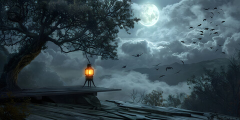 Spooky Full Moon Night with Lantern   Eerie Halloween Scene Featuring an Old Tree, Bats, and Foggy Landscape