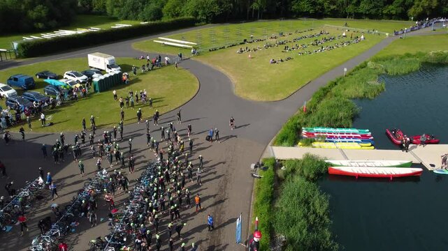 Drone shot of Triathlon at Dorney lake, triathletes are beginning the race