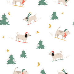 Festive Christmas seamless pattern with hand-drawn adorable dogs