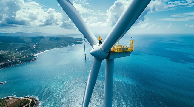 An aerial view of three workers on top of and inside the blade, showing their positions in high-tech yellow safety gear as they repair or inspect wind turbines at sea