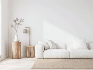 Minimalist living room interiors with minimal furniture, plain colors, natural lighting and copy space. Residential Real Estate interiors composition mockup for advertising.