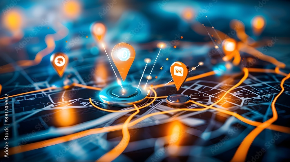 Poster modern navigation system displaying routes and highlighted destinations on digital map