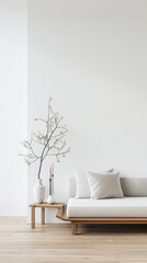 Minimalist living room interiors with minimal furniture, plain colors, natural lighting and copy space. Residential Real Estate interiors composition mockup for advertising.