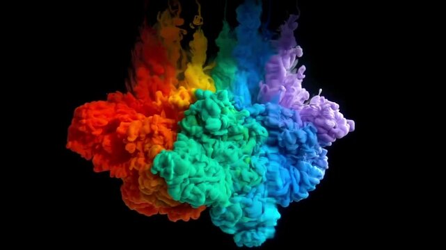 Red, orange, yellow, green, blue, dark blue and purple colors coming down from up the footage in a rainbow formation making a beautiful water and smoky splash on the clack background in 4K, Pride.