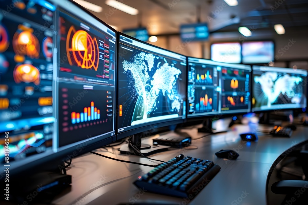 Poster futuristic traffic management center monitoring screens displaying live congestion updates and analy