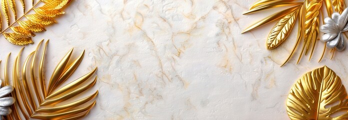 Elegant marble background with gold and silver tropical leaves, perfect for luxury events, invitations, or festive designs.