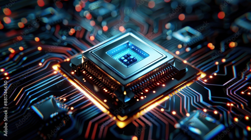 Poster high-tech microchip on a glowing circuit board, showcasing advanced technology and intricate electro
