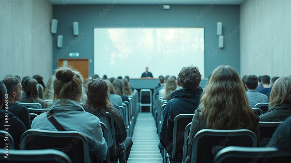 Poster lecture hall with students attending a presentation, on a plain background, illustrating the concept