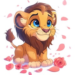 Fototapeta premium A Young Lion Cub Surrounded by Rose Petals
